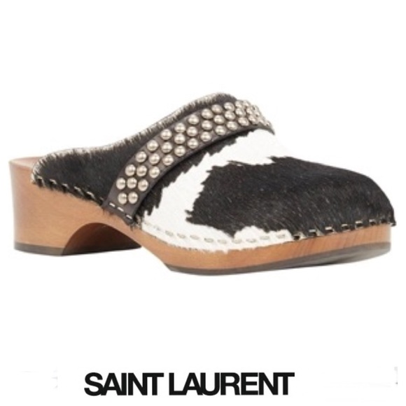 Saint Laurent Shoes - SAINT LAURENT YSL Paris Calf Hair Cowhide Studded Wooden Heel Mule Clogs Sz 39.5